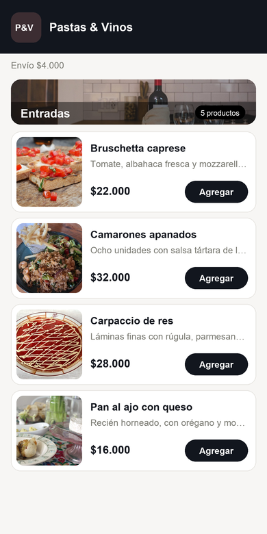 La carta de un restaurante vista en un celular: la categoría Entradas con la foto de cada plato, su precio y el botón para agregarlo al pedido.